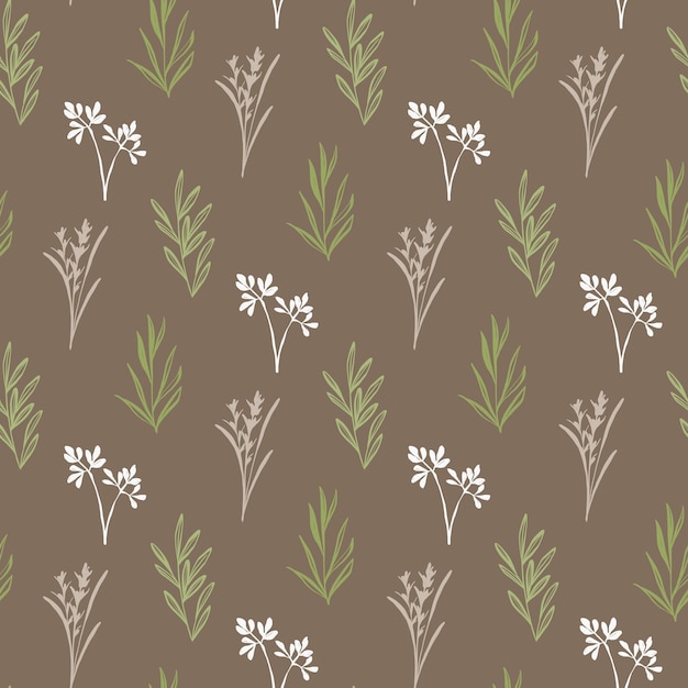 Doodle de patrones sin fisuras de hierbas y plantas. Fondo de papel textil y de embalaje orgánico. Textura transparente con elementos de la naturaleza. Ilustración vectorial