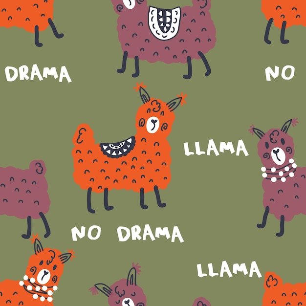 Doodle de patrones sin fisuras con lamas y texto blanco no drama llama perfecto para camiseta textil e impresión ilustración vectorial dibujada a mano para decoración y diseño