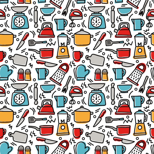Doodle de patrones sin fisuras de utilidad de cocina