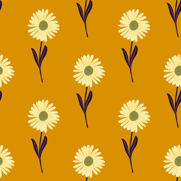 Doodle de patrones sin fisuras de verano con adornos de elementos de flores de crisantemo. Fondo naranja.