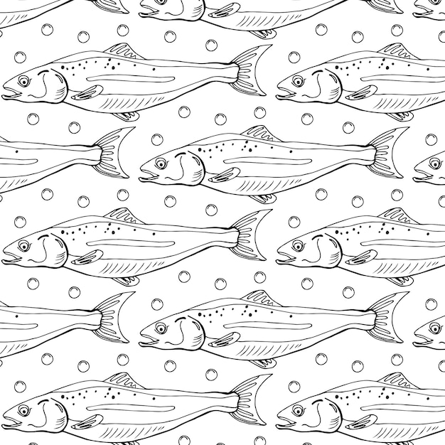 Vector doodle de peces de mar para el patrón. el salmón nada para desovar río arriba