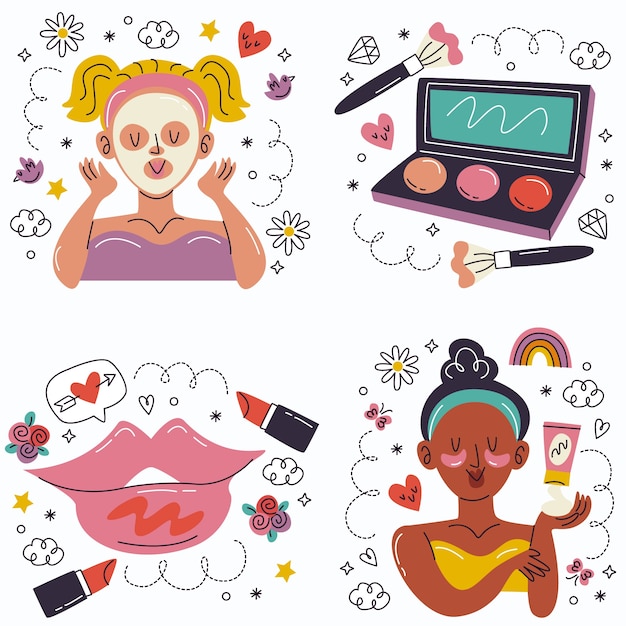 Vector doodle pegatinas de belleza dibujadas a mano