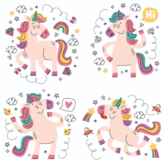 Doodle pegatinas de unicornio dibujadas a mano