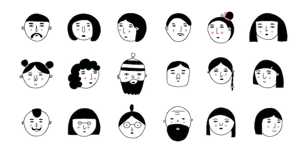 Doodle personas caras masculinas y femeninas lindas dibujadas a mano colección de avatares de usuarios de redes sociales hipster hombre y mujer retrato icono humano moderno línea blanco y negro vector aislado conjunto de dibujos animados