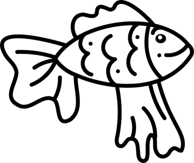 Doodle de pez dorado Lindo pez dorado individual con sonrisa Ilustración de vector blanco y negro de dibujos animados