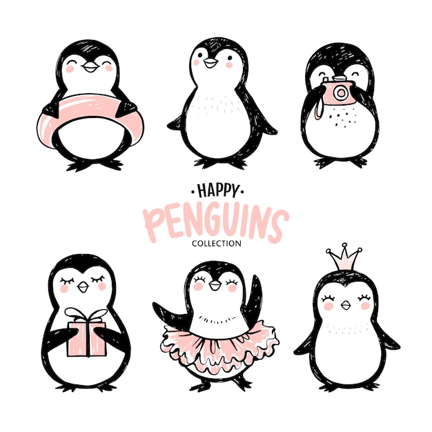 Doodle pingüinos, conjunto de animales graciosos dibujados a mano. carácter de pingüino en el estilo de dibujo.