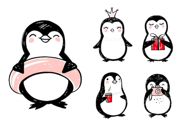 Doodle pingüinos, conjunto de animales graciosos dibujados a mano. carácter de pingüino en el estilo de dibujo.