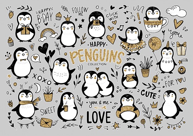 Doodle pingüinos, conjunto de animales graciosos dibujados a mano. carácter de pingüino en el estilo de dibujo.