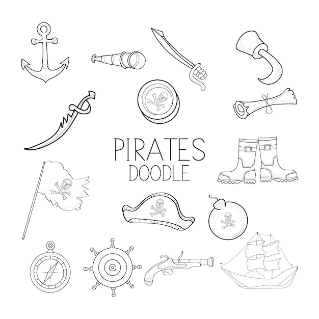 Doodle pirata Vector Pack pirata Clipart pirata dibujado a mano Ilustración del dibujo de la mano