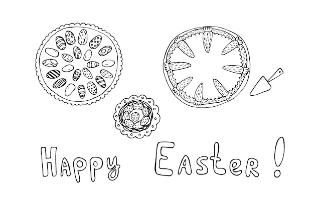 Doodle Platos de Pascua sobre fondo blanco Vector plato de pastel de zanahoria de Pascua con huevos