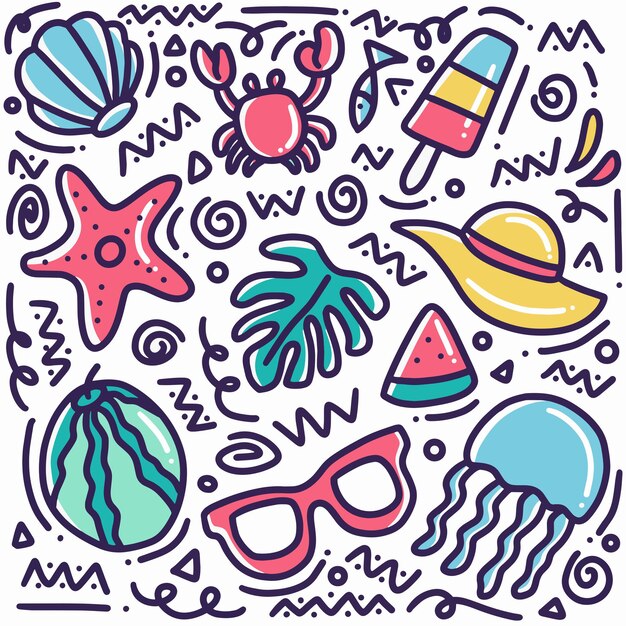 Doodle de playa de verano dibujado a mano con iconos y elementos de diseño