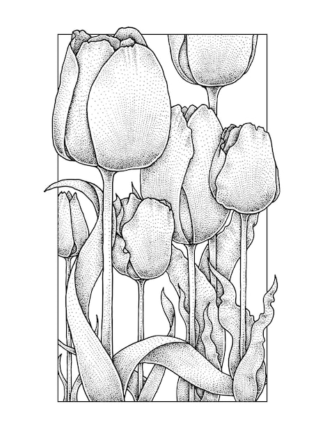 Doodle De Puntillismo Dibujado A Mano De Flor De Tulipan Vector Premium