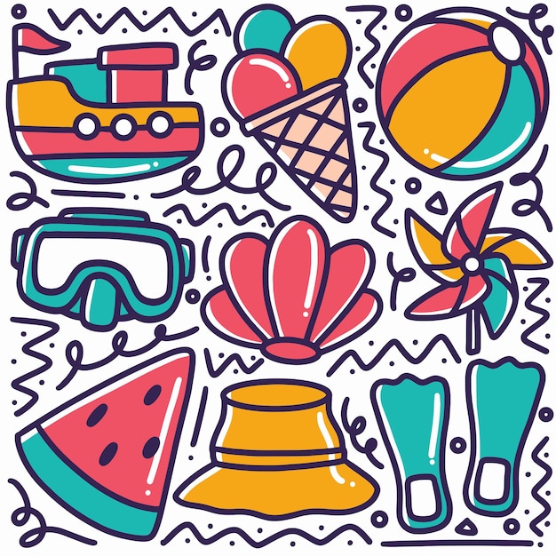 Vector doodle que representa herramientas de playa dibujadas a mano con iconos y elementos de diseño