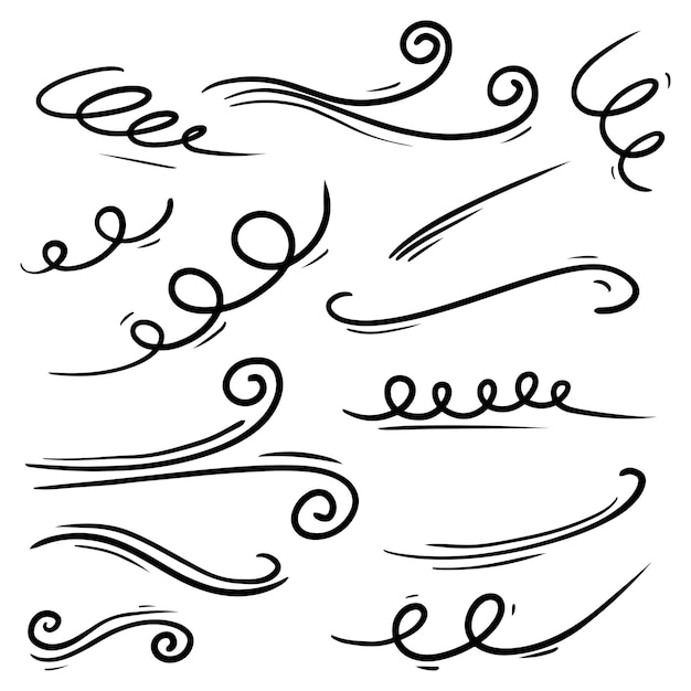 Doodle de ráfaga de viento aislado sobre un fondo blanco. ilustración vectorial dibujada a mano.