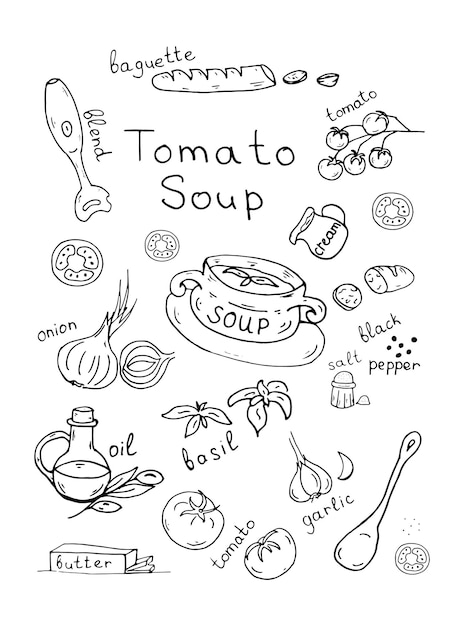 Doodle receta de sopa de tomate con letras Vector ilustración tomates letras aceite de oliva cebolla