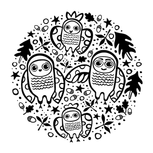 Doodle redondo, asociado con la vida del bosque, incluidas imágenes negras de búhos, hojas secas, estrellas, manchas