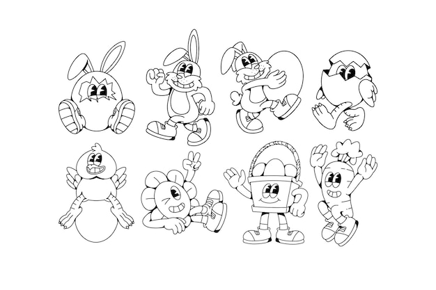 Doodle Retro Mascota de Pascua Conjunto de ilustraciones de personajes