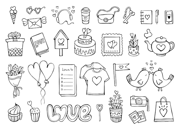 Vector doodle romántico conjunto amor y sentimientos colección de elementos aislados