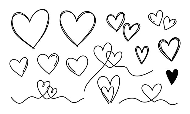 Doodle simple diferentes corazones conjunto de amor romántico elementos lineales para proyectos de Día de San Valentín