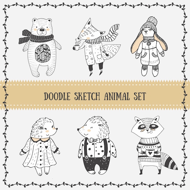 Doodle sketch lindo personajes de animales