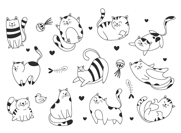 Doodle sketch línea arte animales gatos personajes dibujados a mano conjunto aislado moderno contorno de línea simple