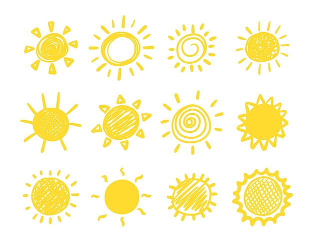 Doodle sol dibujado a mano dibujos animados amarillo bosquejo amanecer vector lindo garabato sol elementos