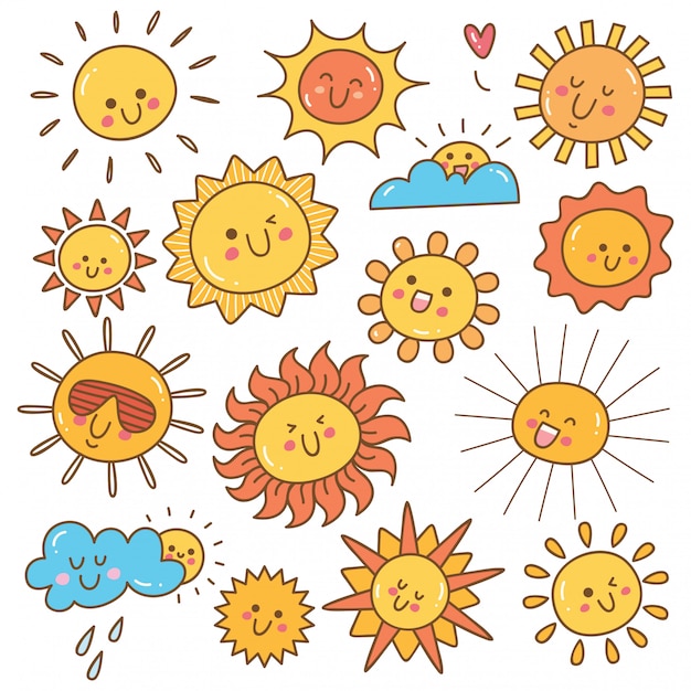 Doodle de sol kawaii, elemento de diseño de sol de verano