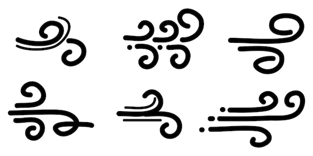 Doodle soplo de viento ráfaga de aire soplo de remolino elementos de diseño aislados en fondo blanco