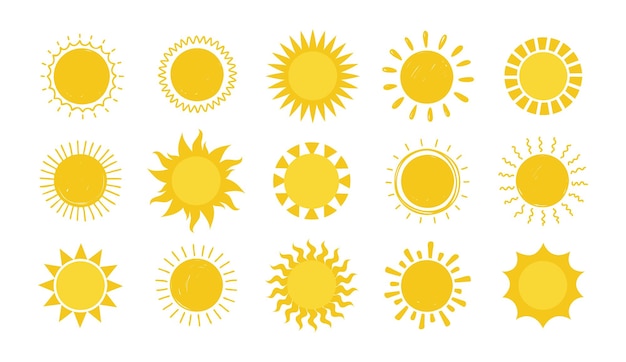 Doodle Sun Dibujado a mano círculo gráfico simple colección de elementos solares sol símbolos redondos Silueta amarilla para diseño y logotipo vector símbolo de clima soleado conjunto aislado