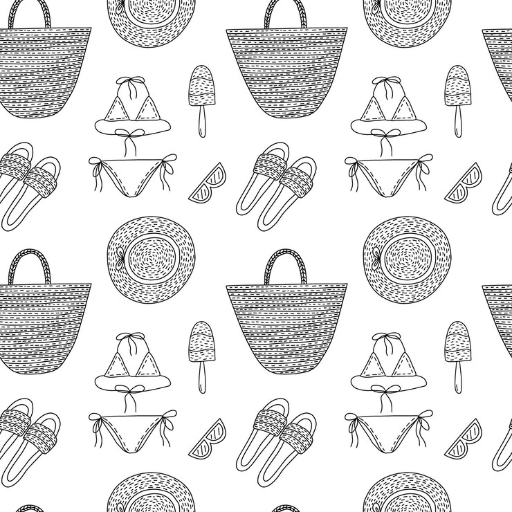 Doodle sunner playa de patrones sin fisuras mano dibujado vector playa bolsa verano sombrero bikini y gafas de sol aislado sobre fondo blanco