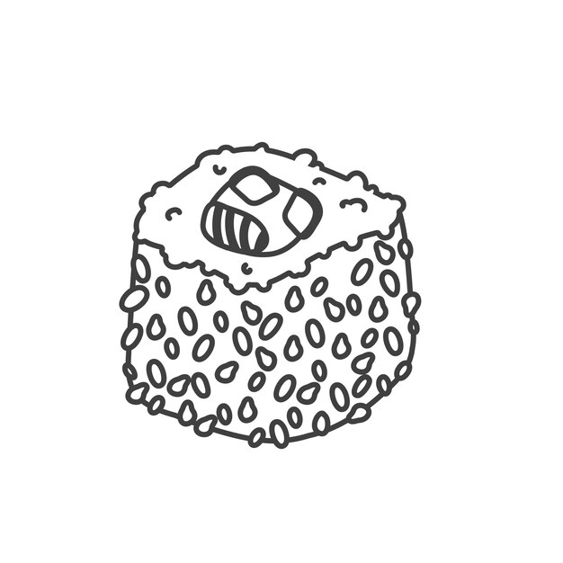 Vector doodle sushi roll con comida japonesa de sésamo icono de estilo de dibujos animados de rollo de sushi aislado sobre fondo blanco ícono de logotipo de sushi de dibujos animados vectoriales rollos de sushi de estilo de dibujo a mano comida asiática