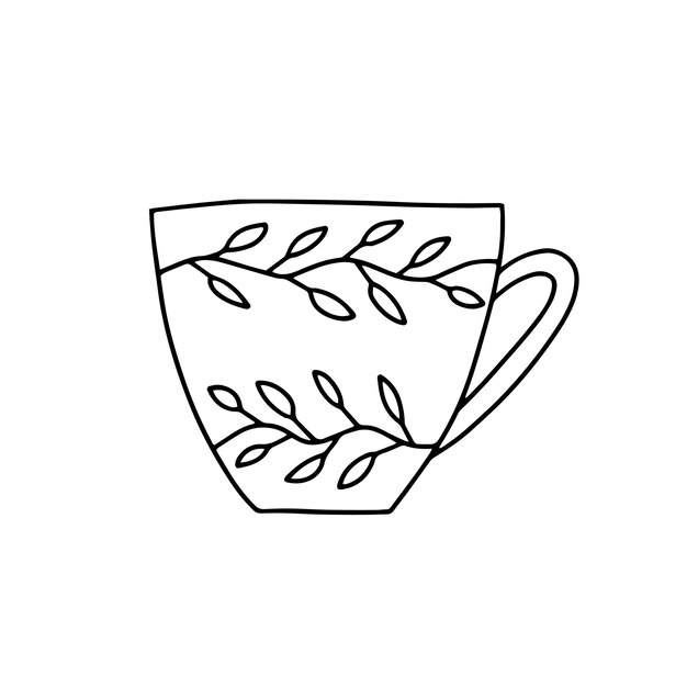 Doodle taza de té vector ilustración Taza dibujada a mano con decoración botánica