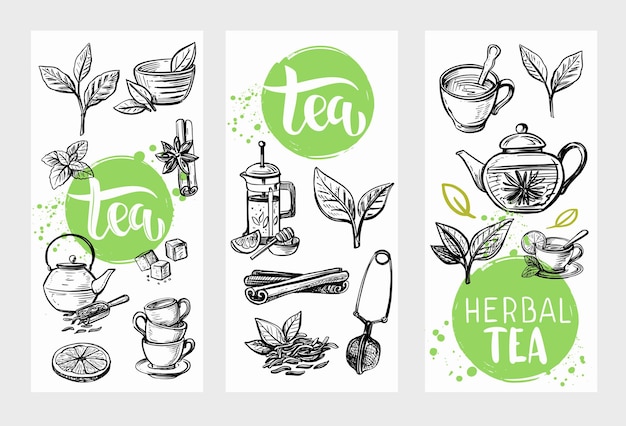 Vector doodle de té con hojas.