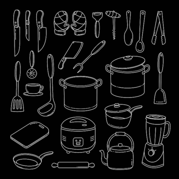 Vector doodle utensilios de cocina dibujados a mano conjunto de bocetos de utensilios de cocina