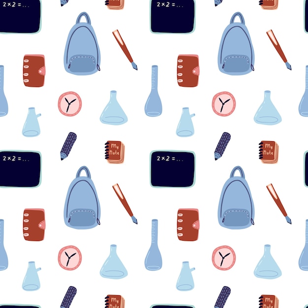 Doodle útiles escolares vector de patrones sin fisuras Papelería de vector dibujado a mano aislado sobre fondo blanco