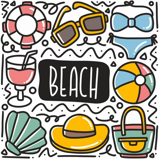 Doodle de vacaciones en la playa dibujado a mano con iconos y elementos de diseño