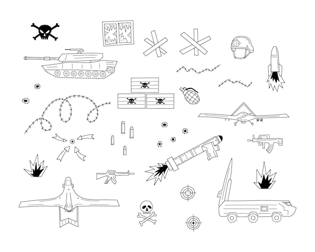 Doodle vector conjunto de iconos militares