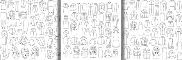 Doodle vector dibujado a mano conjunto de ropa de mujer y patrones sin fisuras
