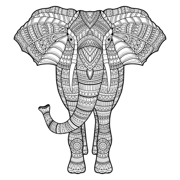 Vector doodle vector elefante dibujado a mano en blanco y negro para colorear páginas para adultos