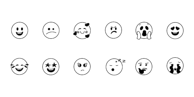 Doodle vector emodji set Expresiones faciales dibujadas a mano feliz estado de ánimo triste