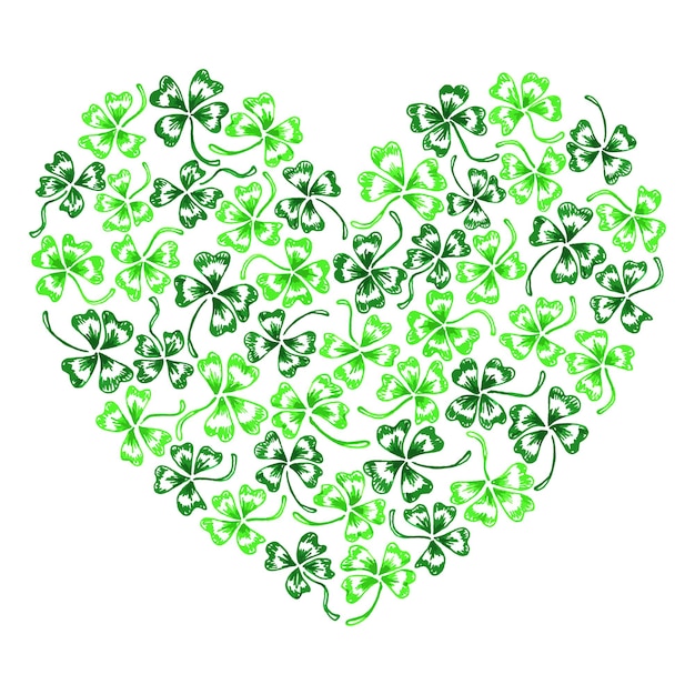 Doodle verde trébol trébol corazón vector línea arte aislado