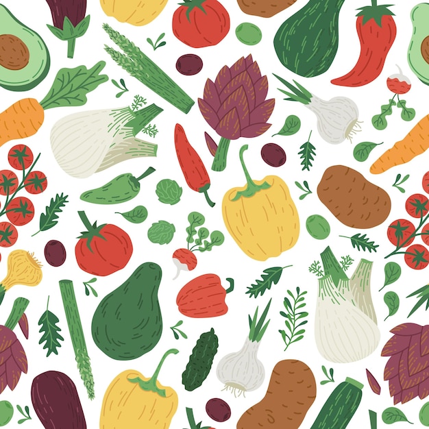 Doodle verduras aguacate zanahoria tomates vector de patrones sin fisuras