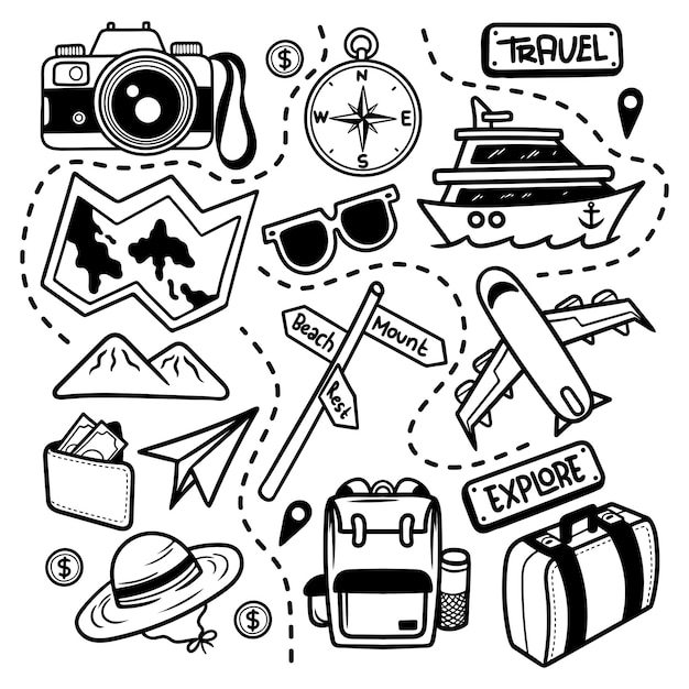 Doodle viajes explorar línea arte vector aislado