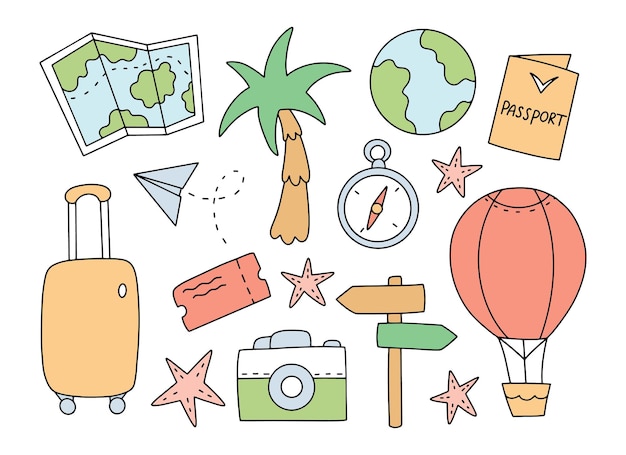 Vector doodle de viajes y vacaciones establece arte de línea de horario de verano