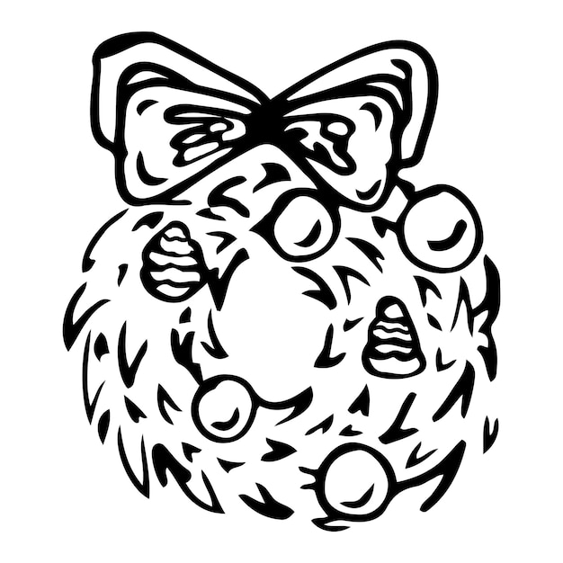 Doodle Wreath Navidad Blanco y negro Ilustración vectorial Página para colorear