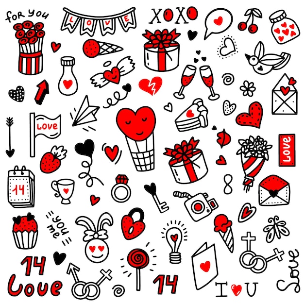 Doodles de amor del día de San Valentín. Ilustración de vector en estilo doodle. Diseño para el día de San Valentín, bodas, tarjetas de felicitación.