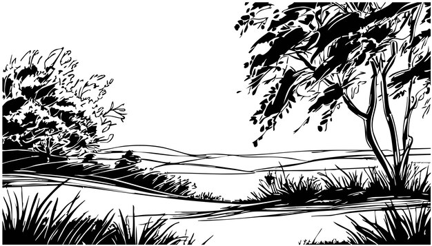 Doodles dibujando un paisaje con árboles y hierba