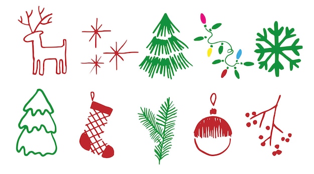 Doodles elementos navideños de color elementos vectoriales ilustración con diseño de decoración de año nuevo para impresiones y