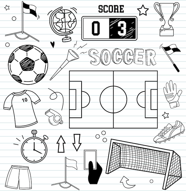 Vector doodles icono y elementos de fútbol