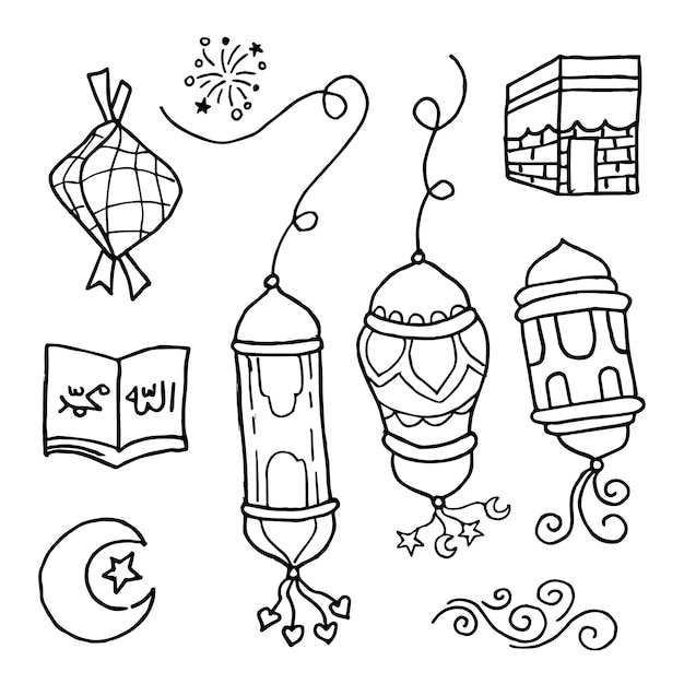 Doodles line art de ramadan kareem concepto de tarjeta de felicitación ilustración vectorial